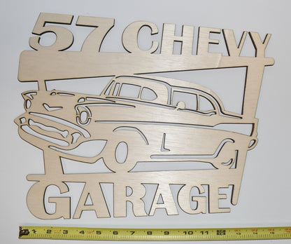 57 Chevy Garage Detailed Wood Sign Wooden Hanging Decor Made In USA LA154-WL
