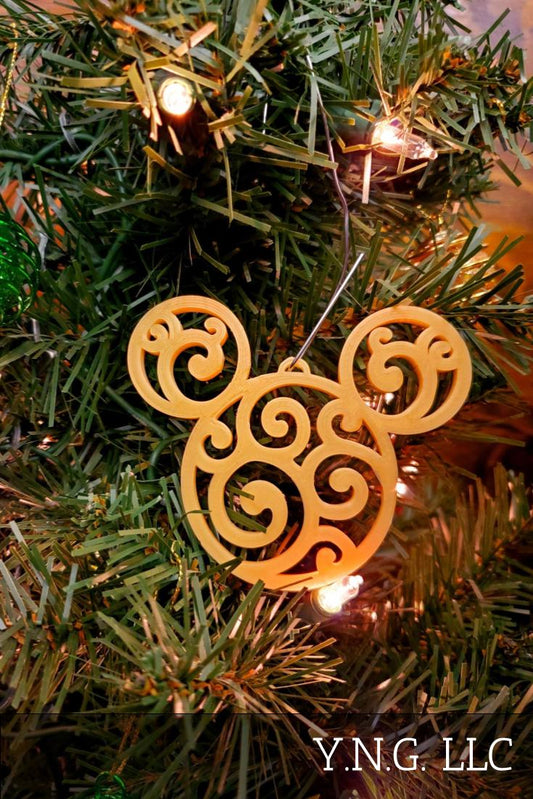 Mickey Head Swirl Design Christmas Ornaments Set Of 3 Gold Made In USA PR1658