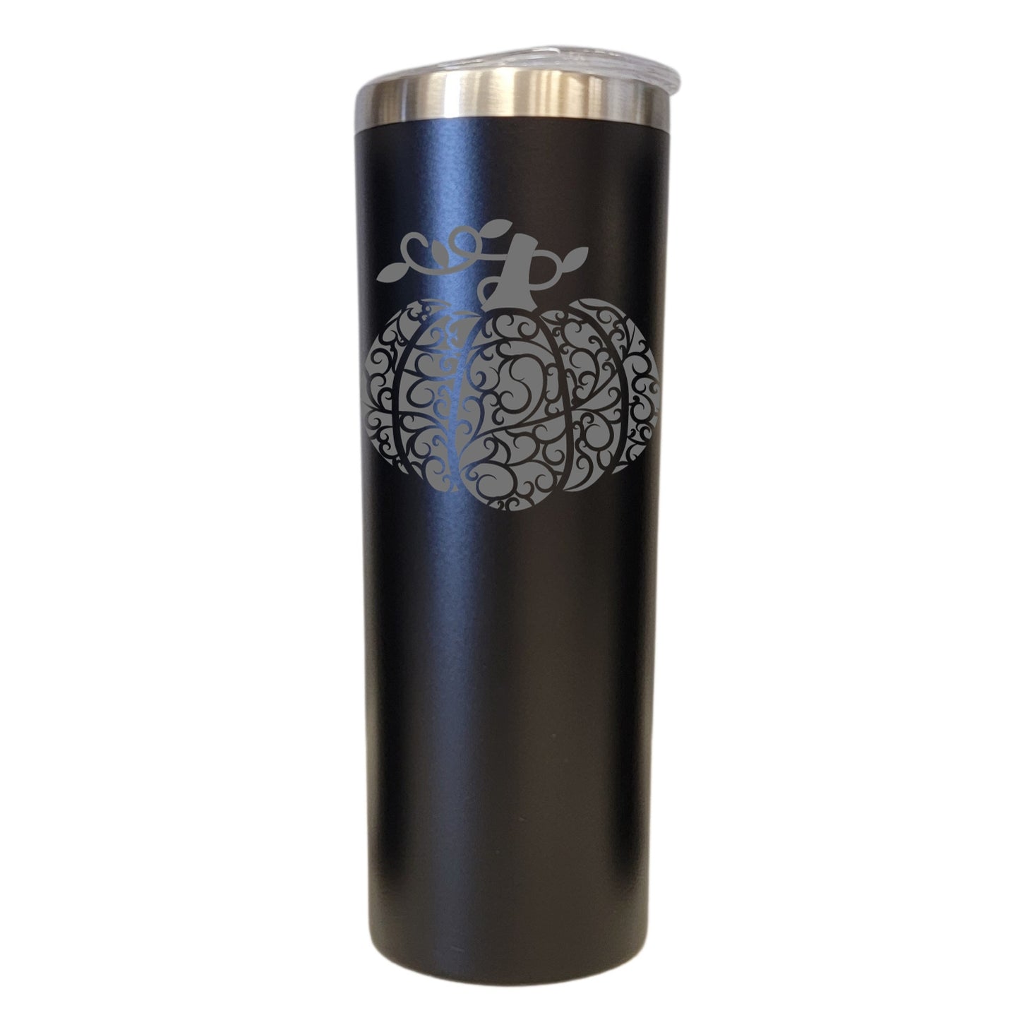 Pumpkin Flourish Design Fall Theme Black 20oz Skinny Tumbler LA5148