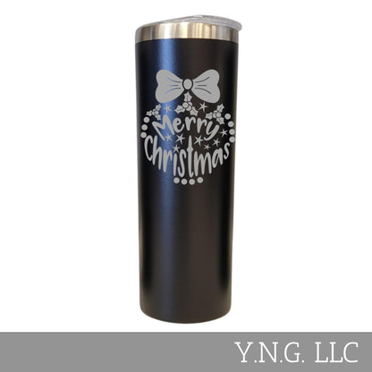 Merry Christmas Wreath Design Black 20oz Skinny Tumbler LA5169