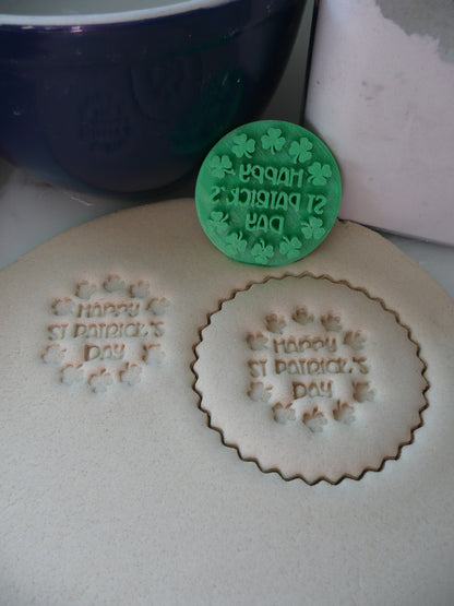 Happy St Patricks Day With Clovers Cookie Stamp Embosser Made In USA PR5521