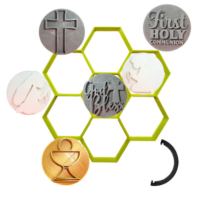 First Communion and Hexagon Set Of 8 Cookie Stamps And Cutter Made In USA PR9066