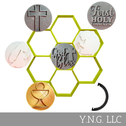 First Communion and Hexagon Set Of 8 Cookie Stamps And Cutter Made In USA PR9066