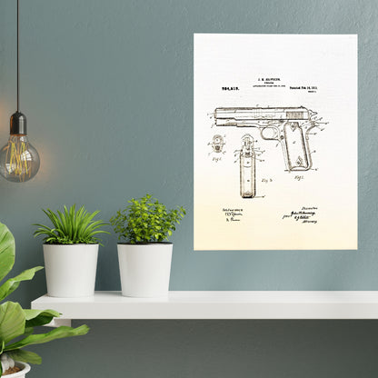 Browning 1911 Colt Style Patent Sketch 8x10 Canvas Wall Art Hanging LA1001