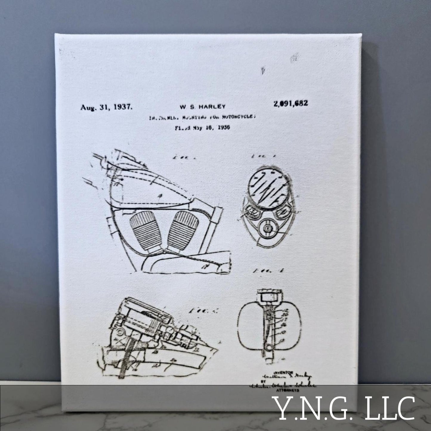 Harley Engine Motorcycle Patent Sketch 8x10 Canvas Wall Art Hanging LA1002