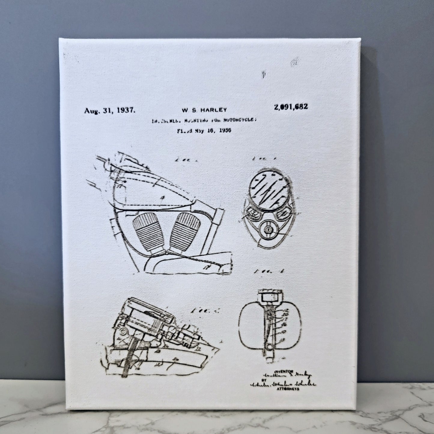 Harley Engine Motorcycle Patent Sketch 8x10 Canvas Wall Art Hanging LA1002