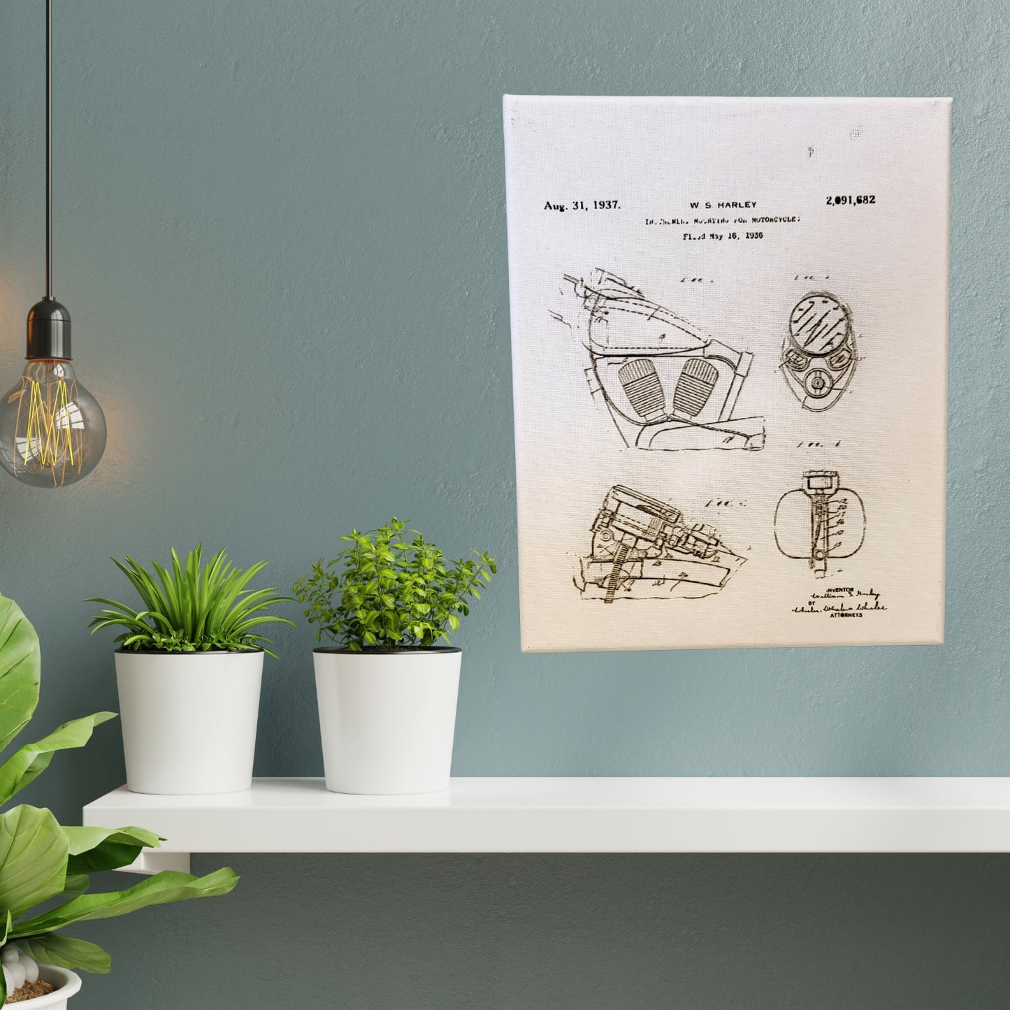 Harley Engine Motorcycle Patent Sketch 8x10 Canvas Wall Art Hanging LA1002