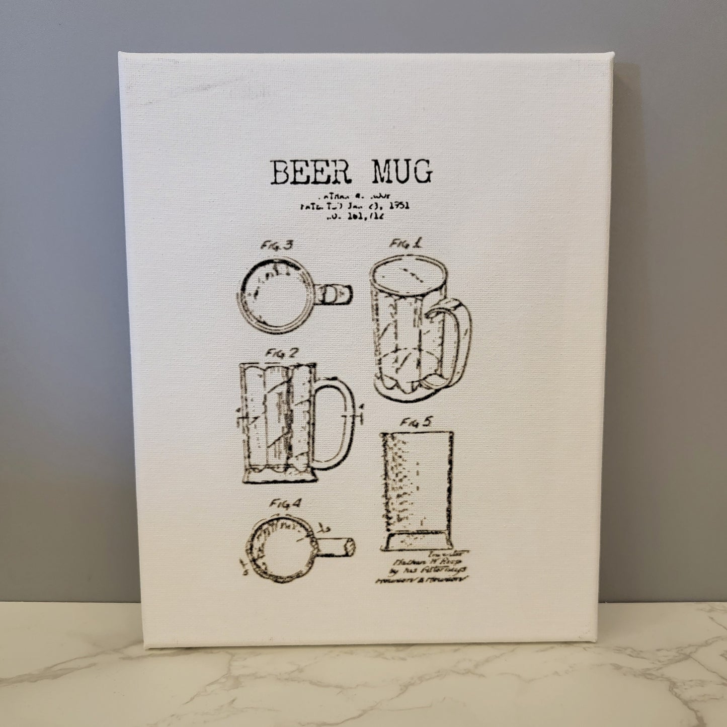 Beer Mug Original Patent Sketch 8x10 Canvas Wall Art Hanging LA1009