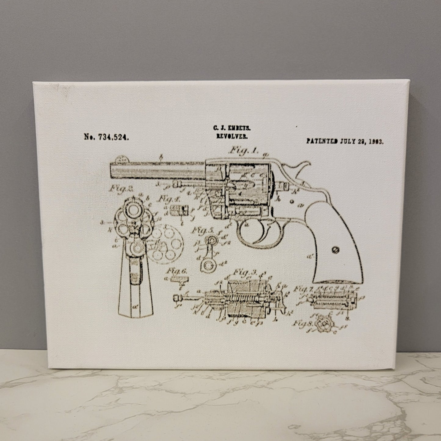 Colt Revolver 1903 Patent Sketch 10x8 Canvas Wall Art Hanging LA1015