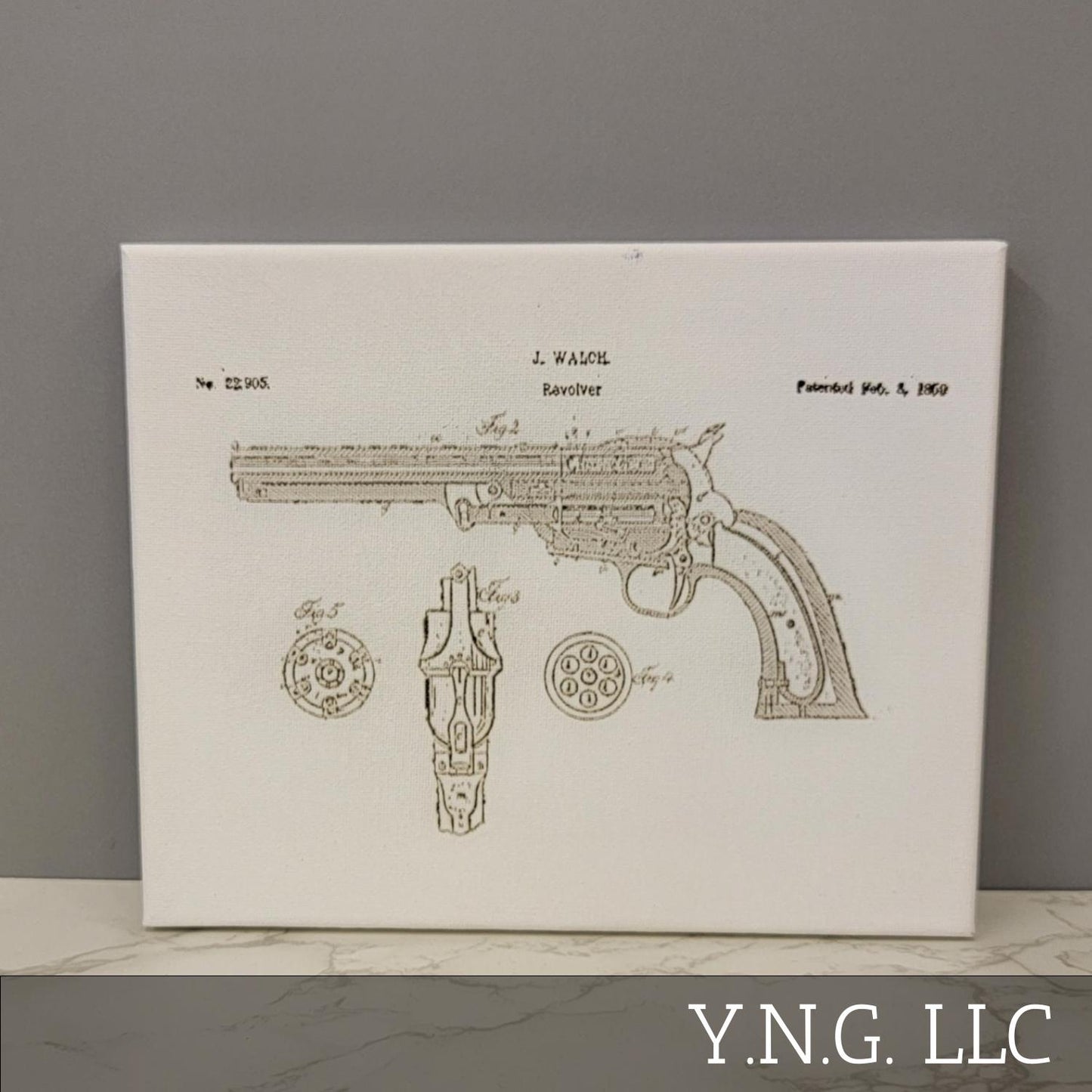 Walch 12 Shot Revolver 1859 Patent Sketch 10x8 Canvas Wall Art Hanging LA1016