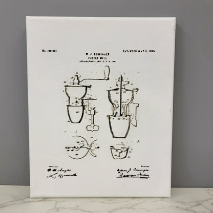 Coffee Mill Grinder Patent Sketch 8x10 Canvas Wall Art Hanging LA1024