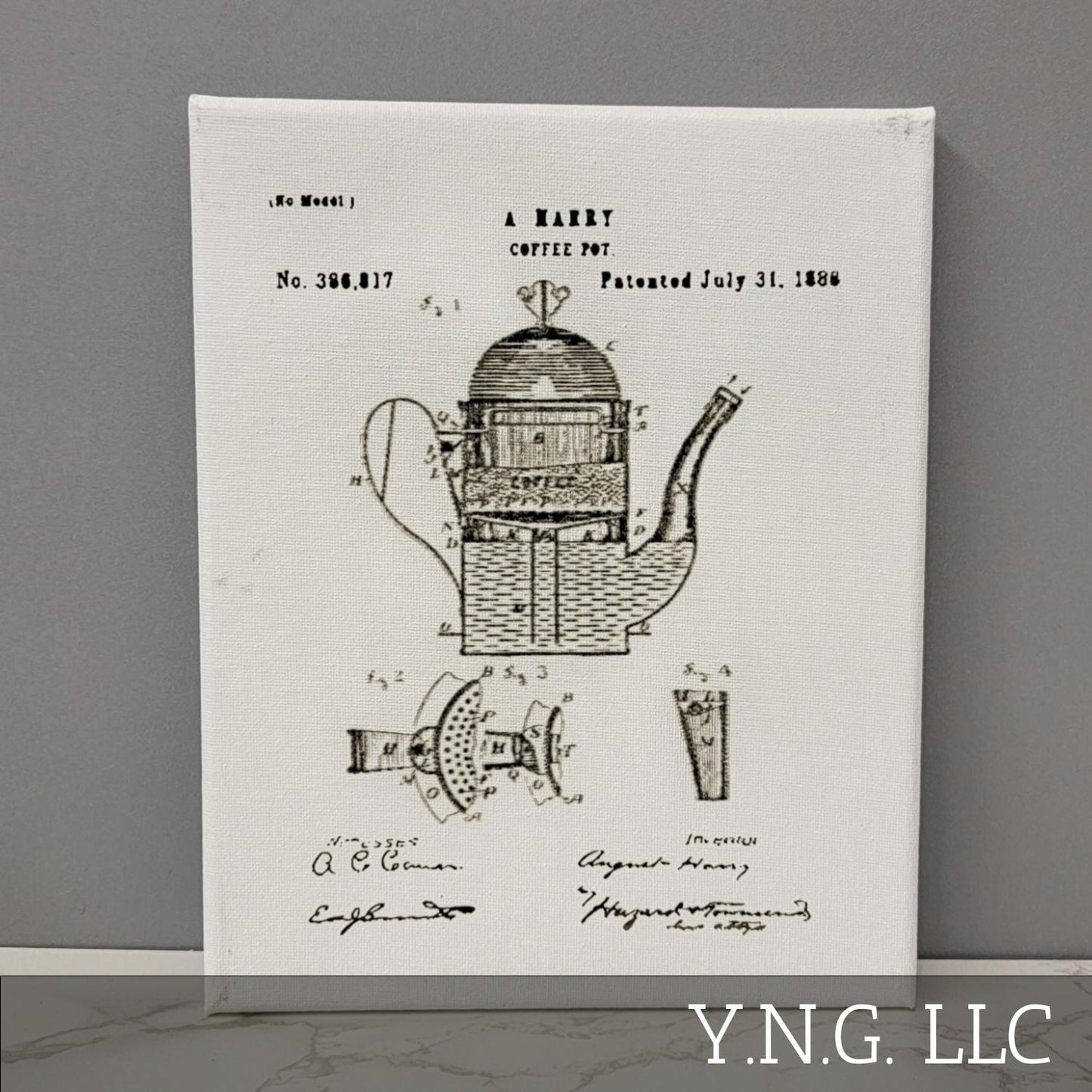 Coffee Pot Patent Sketch 8x10 Canvas Wall Art Hanging LA1031