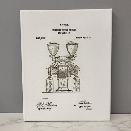 Coffee Grinder and Cleaner Patent Sketch 8x10 Canvas Wall Art Hanging LA1032