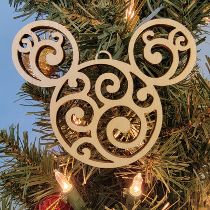 Mickey Mouse Head Ears Swirl Design Wood Ornament Christmas Decor LA140-WL