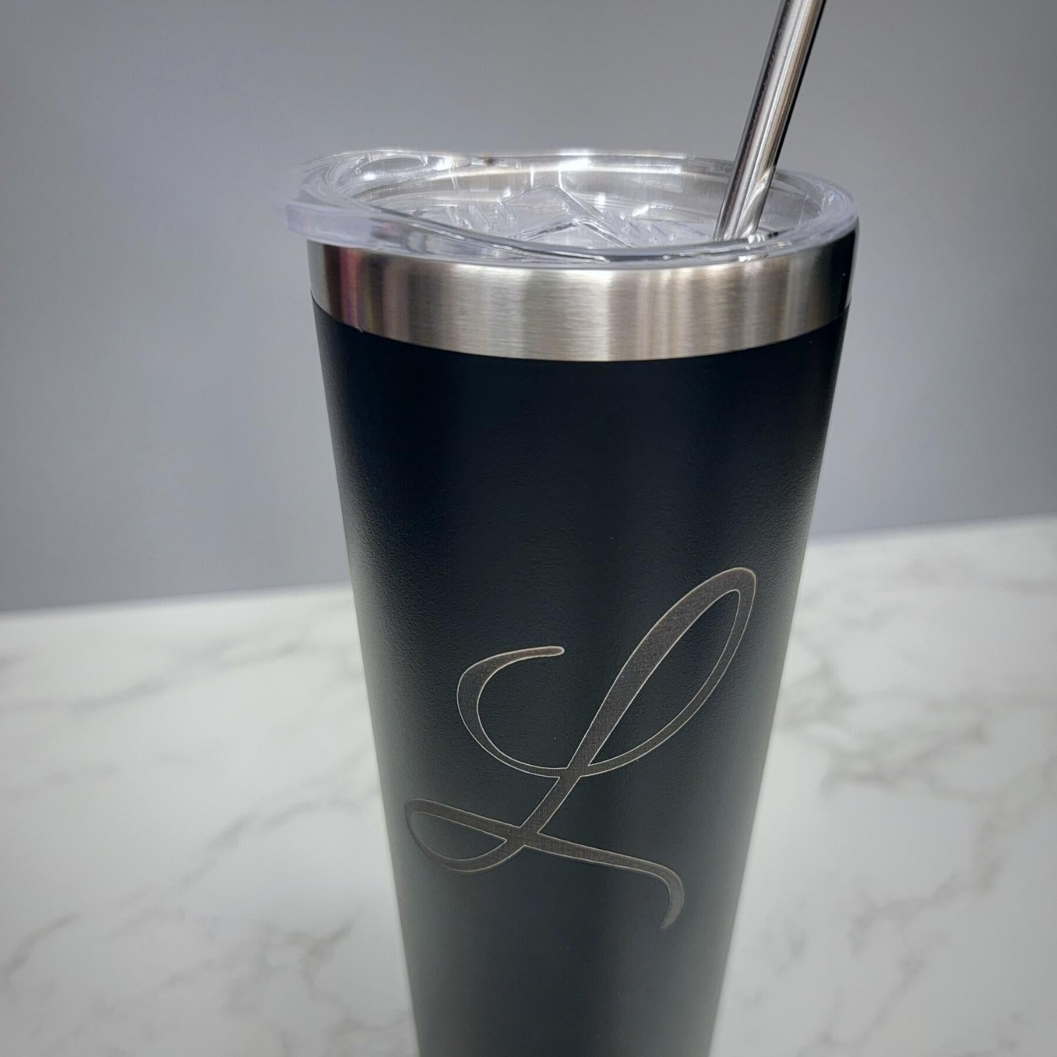 Script Initial Personalized Letter Black 20oz Skinny Tumbler LA5001