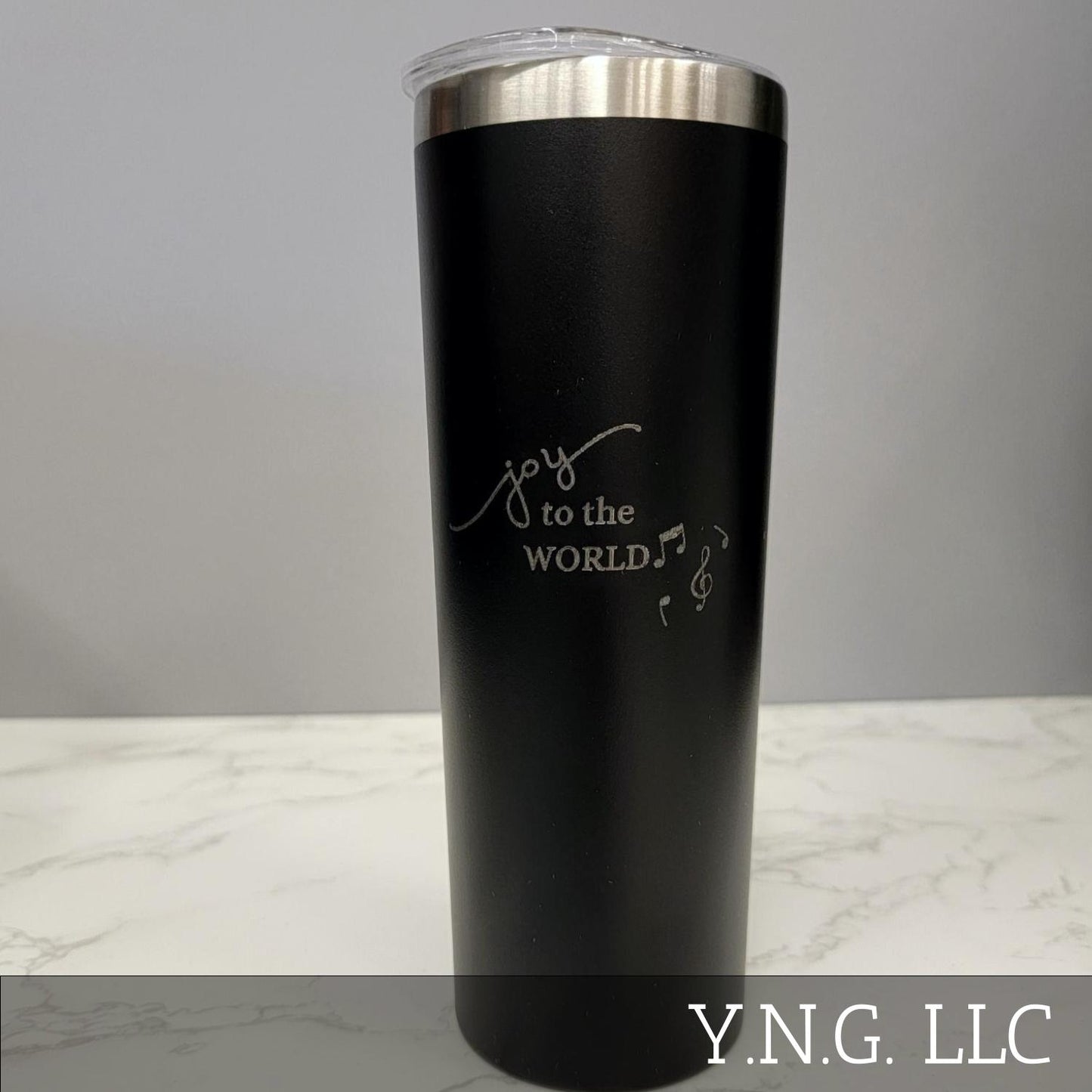 Joy to the World with Music Notes Black 20oz Skinny Tumbler LA5004