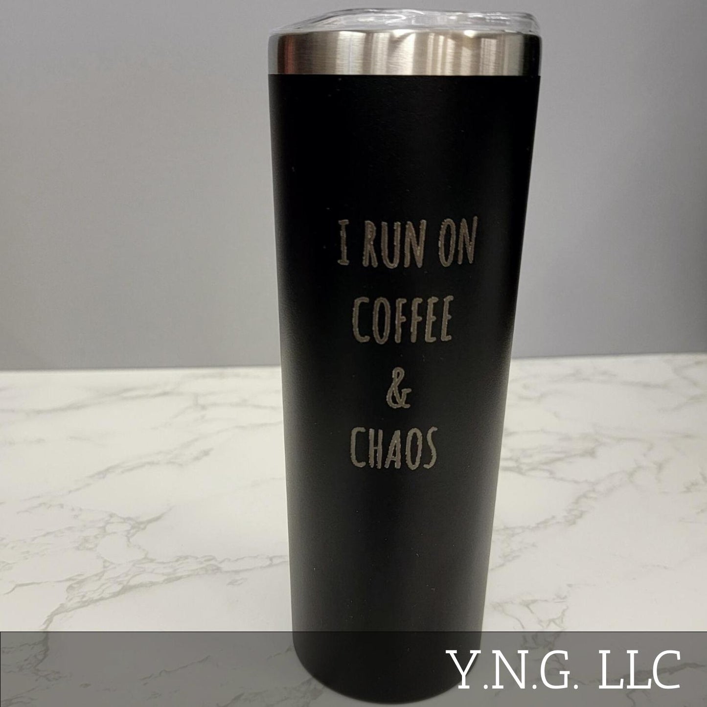 I Run on Coffee and Chaos Black 20oz Skinny Tumbler LA5011