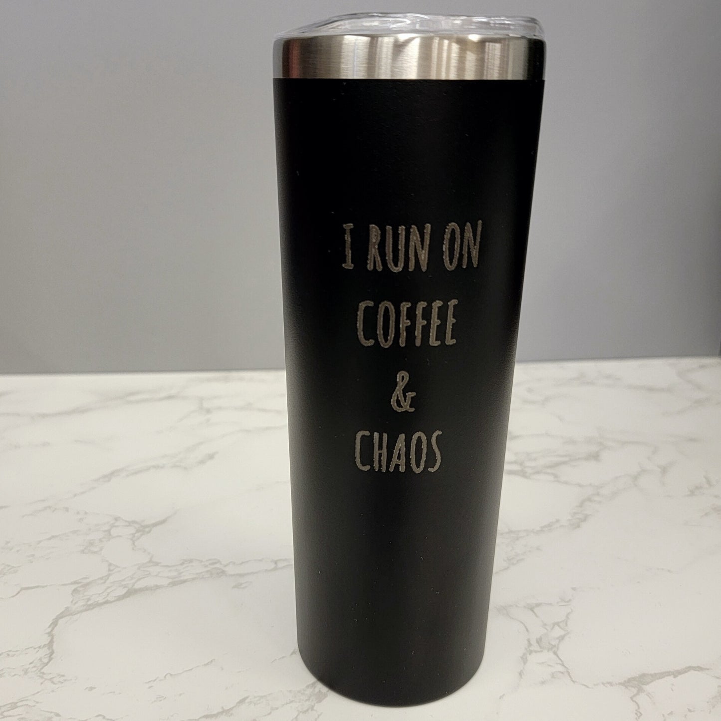 I Run on Coffee and Chaos Black 20oz Skinny Tumbler LA5011