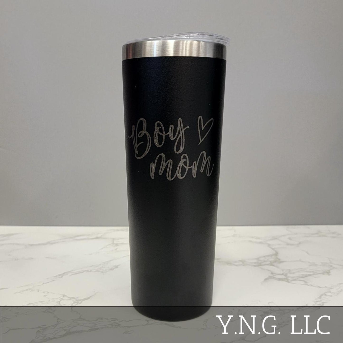 Boy Mom with Heart Black 20oz Skinny Tumbler LA5012