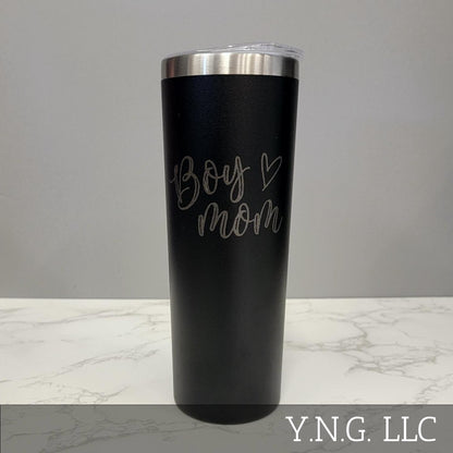 Boy Mom with Heart Black 20oz Skinny Tumbler LA5012