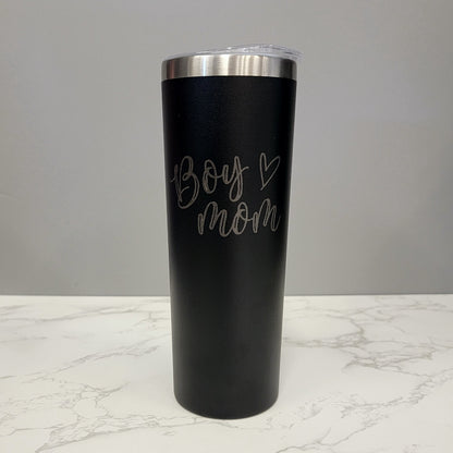 Boy Mom with Heart Black 20oz Skinny Tumbler LA5012