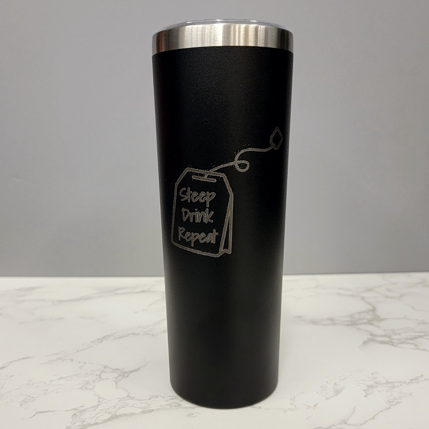 Steep Drink Repeat on Teabag Tea Bag Black 20oz Skinny Tumbler LA5018