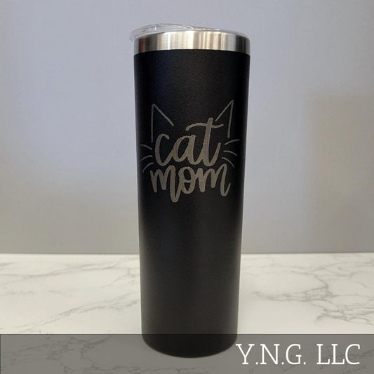 Cat Mom with Ears and Whiskers Black 20oz Skinny Tumbler LA5023
