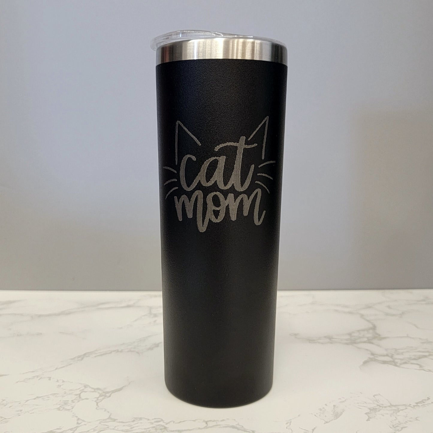 Cat Mom with Ears and Whiskers Black 20oz Skinny Tumbler LA5023
