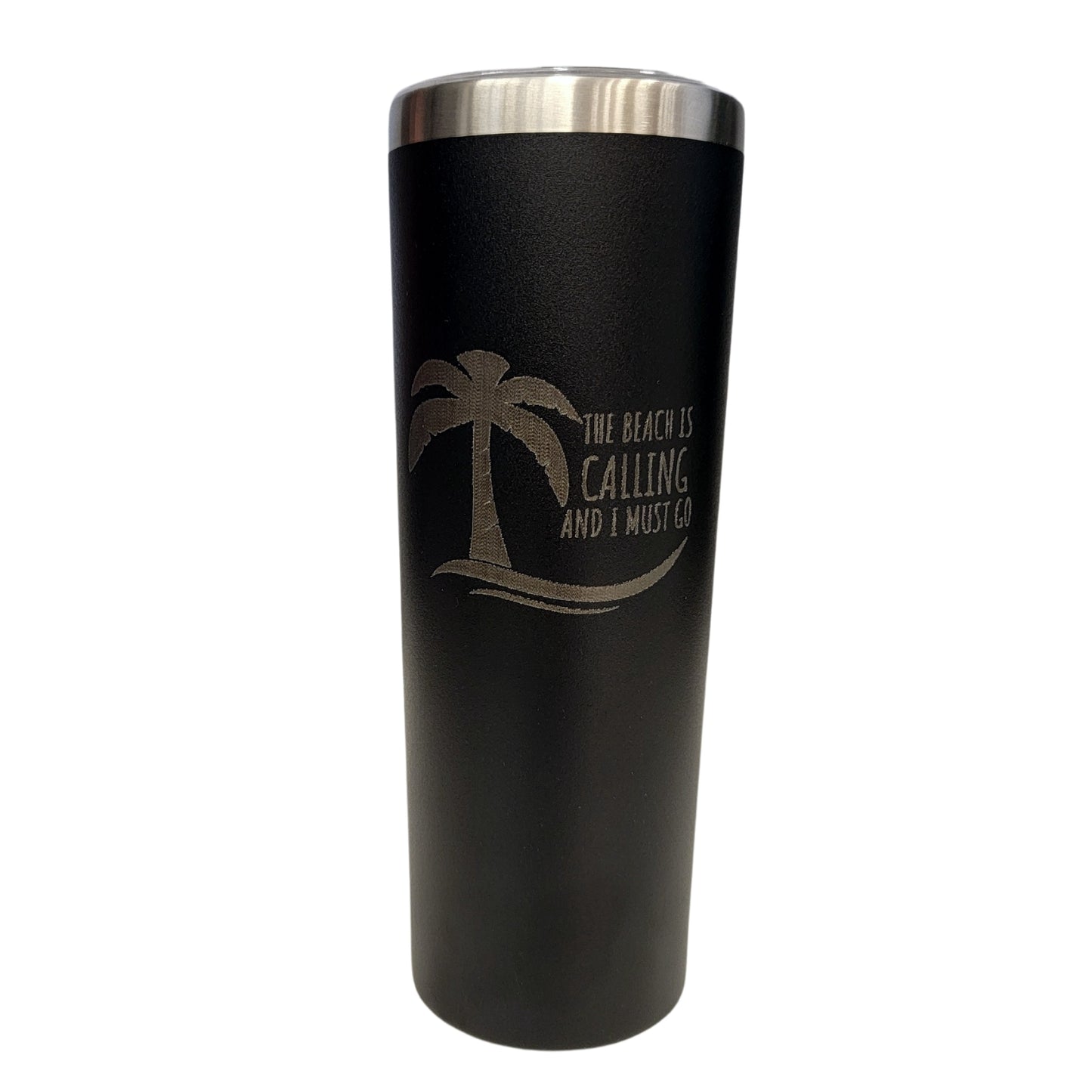 The Beach Is Calling with Palm Tree Black 20oz Skinny Tumbler LA5024