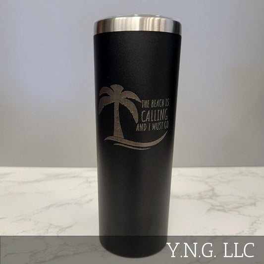 The Beach Is Calling with Palm Tree Black 20oz Skinny Tumbler LA5024