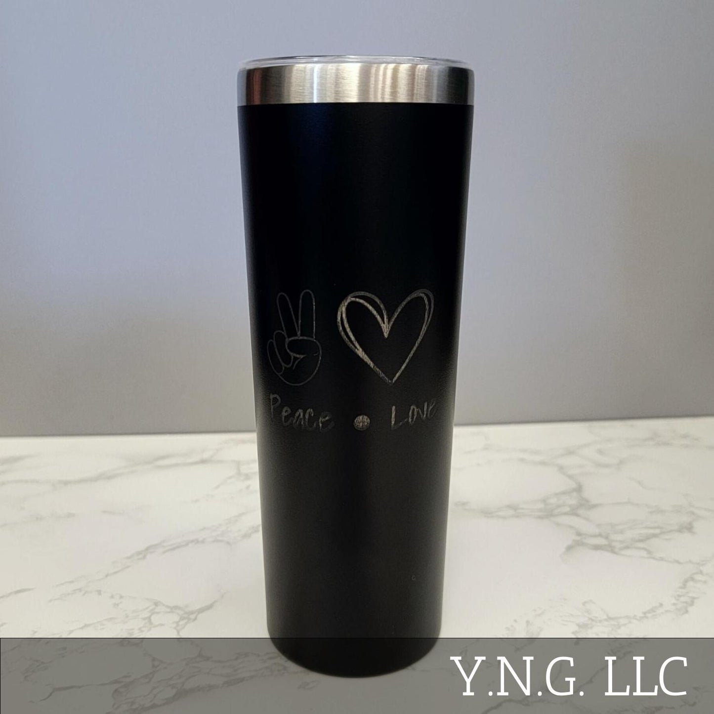 Peace Love Words with Sign and Heart Black 20oz Skinny Tumbler LA5050