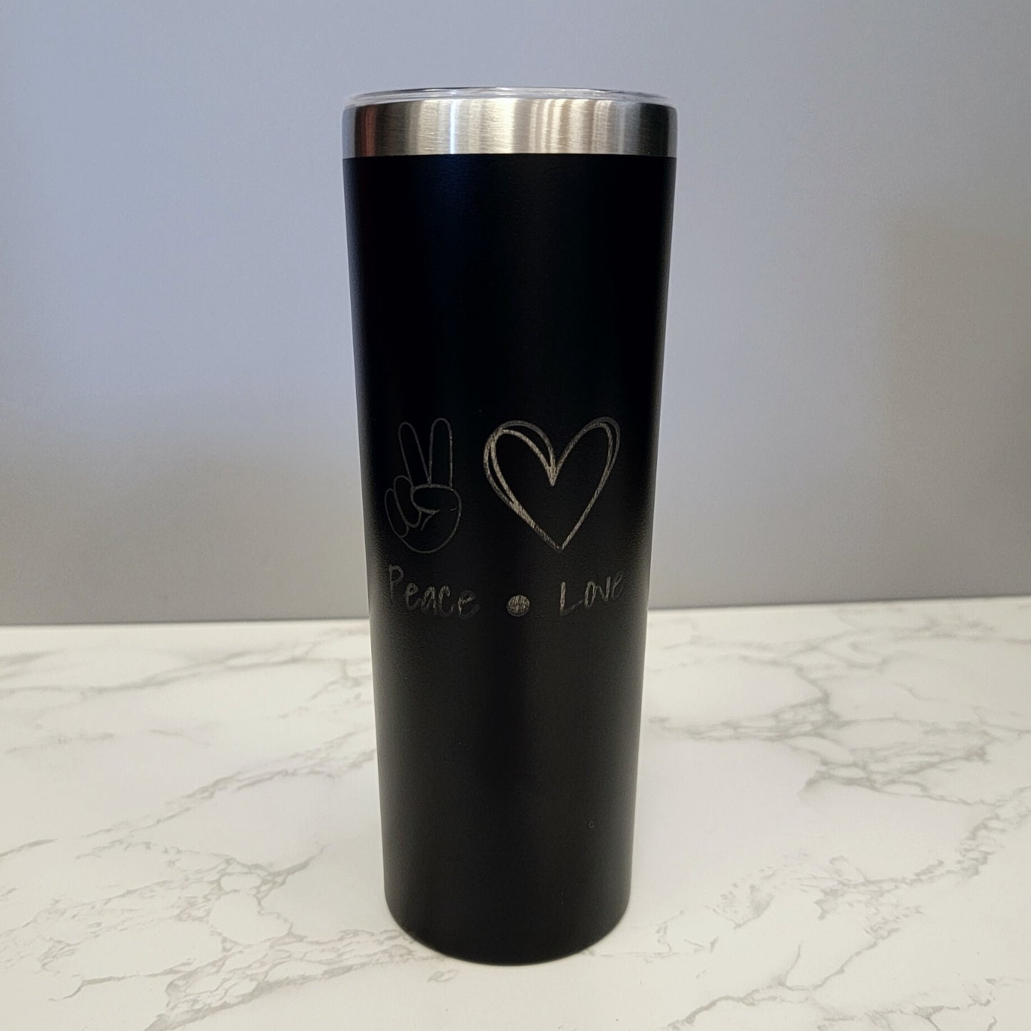 Peace Love Words with Sign and Heart Black 20oz Skinny Tumbler LA5050