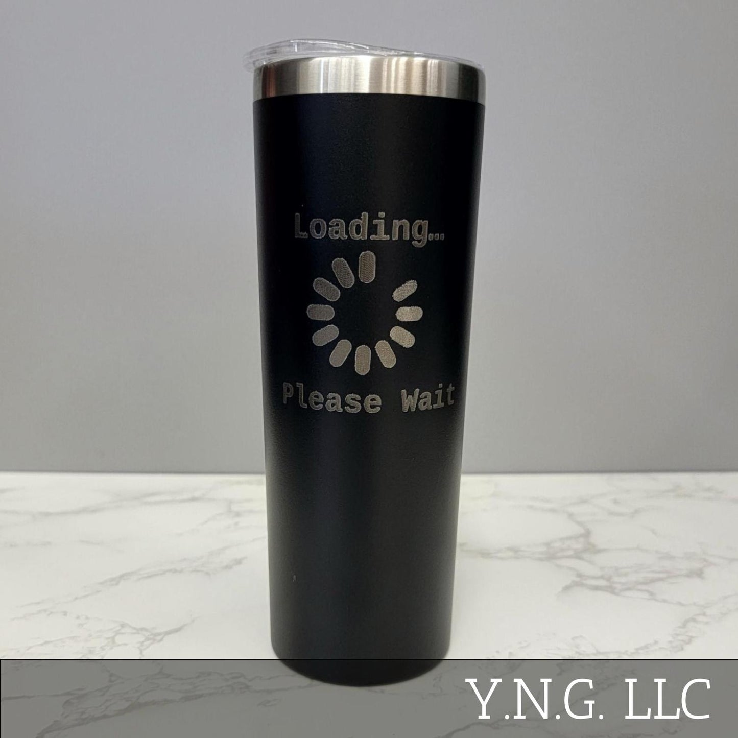 Loading Please Wait with Circle Icon Black 20oz Skinny Tumbler LA5052