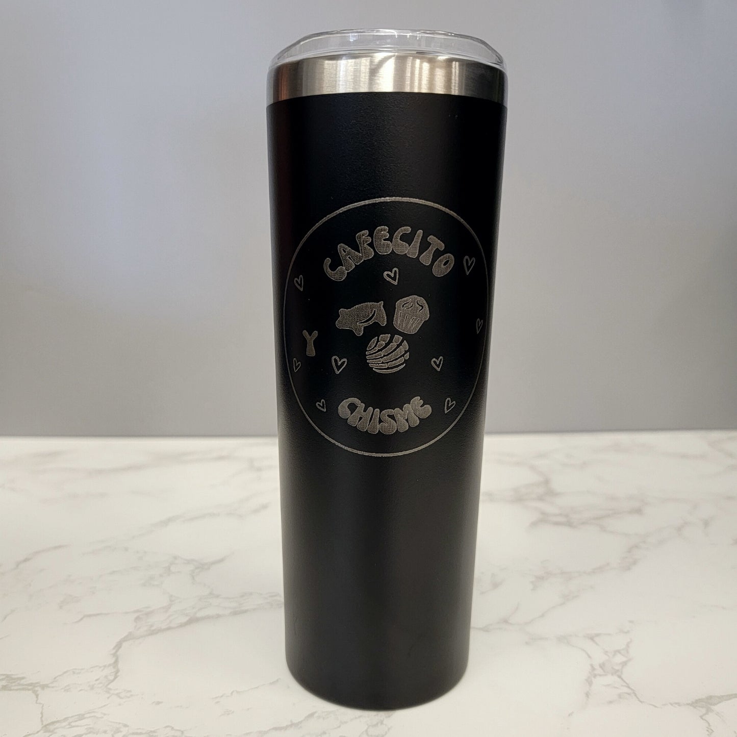 Cafecito and Chisme Concha Desserts Black 20oz Skinny Tumbler LA5059