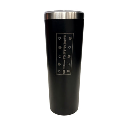 Cafecito Word Vertical with Hearts Black 20oz Skinny Tumbler LA5060