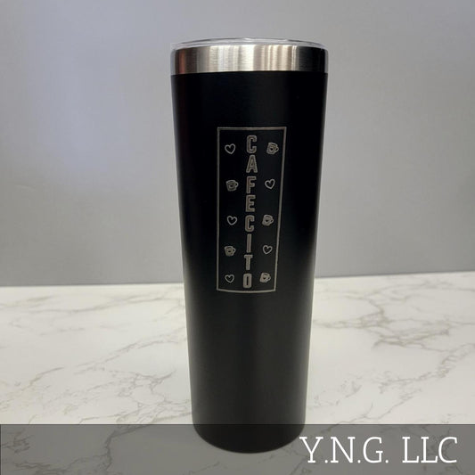 Cafecito Word Vertical with Hearts Black 20oz Skinny Tumbler LA5060