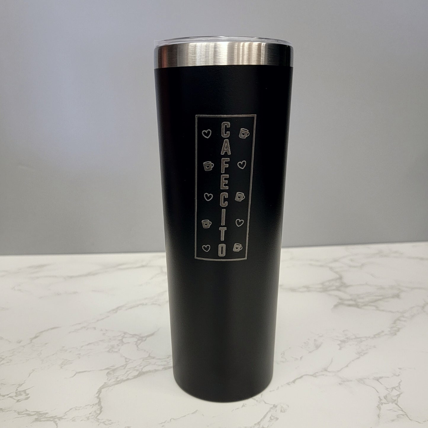 Cafecito Word Vertical with Hearts Black 20oz Skinny Tumbler LA5060