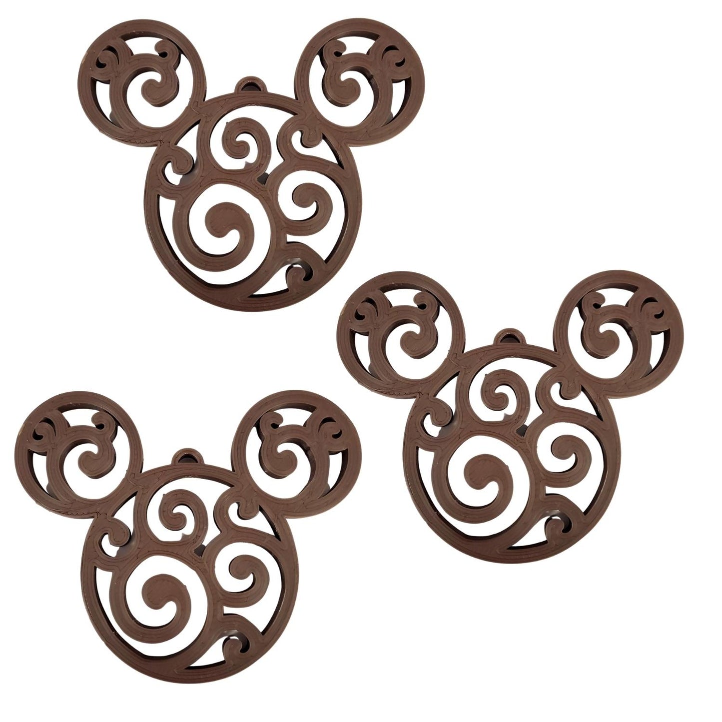 Mickey Head Swirl Design Christmas Ornaments Set Of 3 Brown Made In USA PR1659