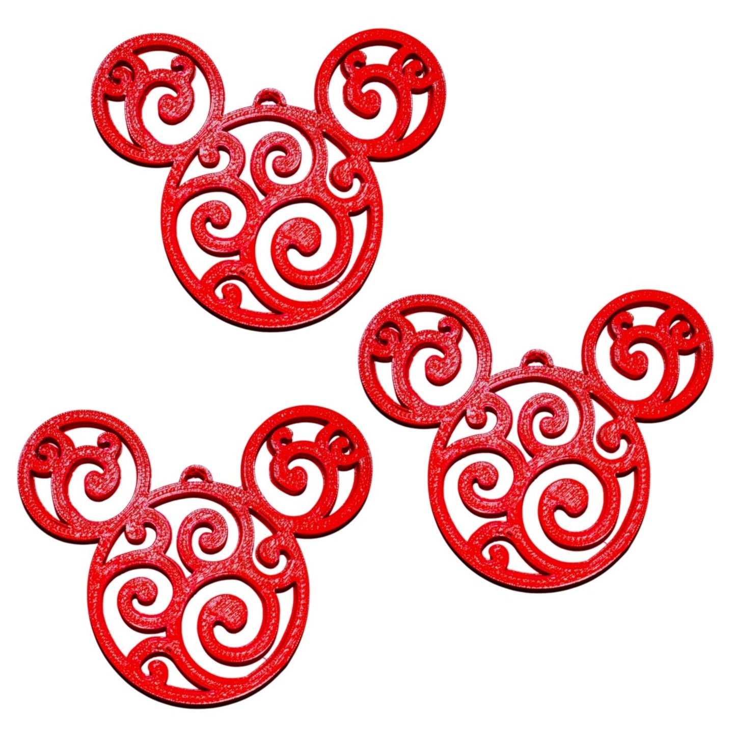 Mickey Head Swirl Design Christmas Ornaments Set Of 3 Red Made In USA PR1660