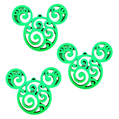 Mickey Head Swirl Design Christmas Ornaments Set Of 3 Green Made In USA PR1663