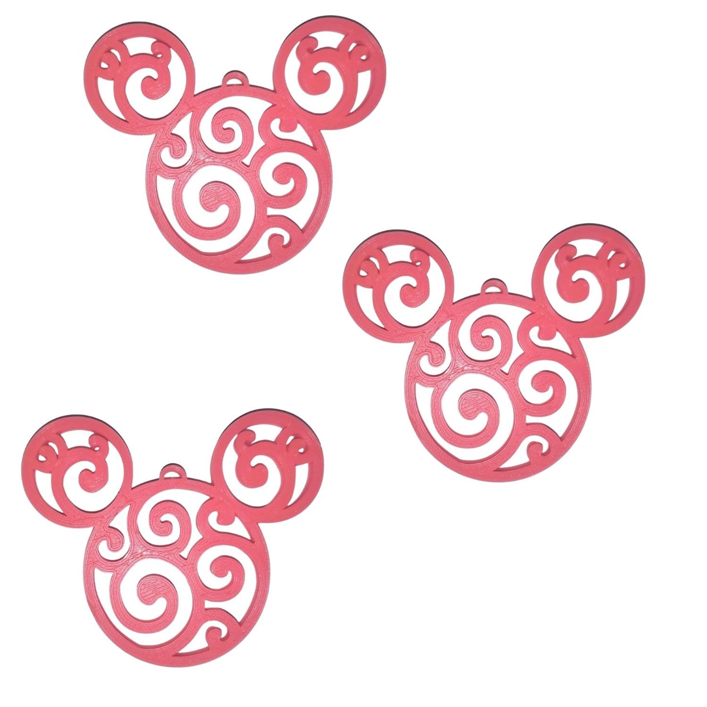 Mickey Head Swirl Design Christmas Ornaments Set Of 3 Pink Made In USA PR1666