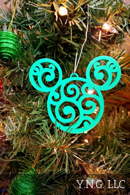 Mickey Head Swirl Design Christmas Ornaments Set Of 3 Green Made In USA PR1663