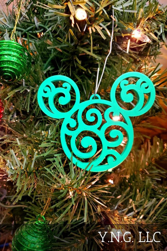 Mickey Head Swirl Design Christmas Ornaments Set Of 3 Green Made In USA PR1663