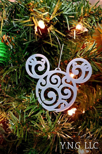 Mickey Head Swirl Design Christmas Ornaments Set Of 3 Gray Made In USA PR1657