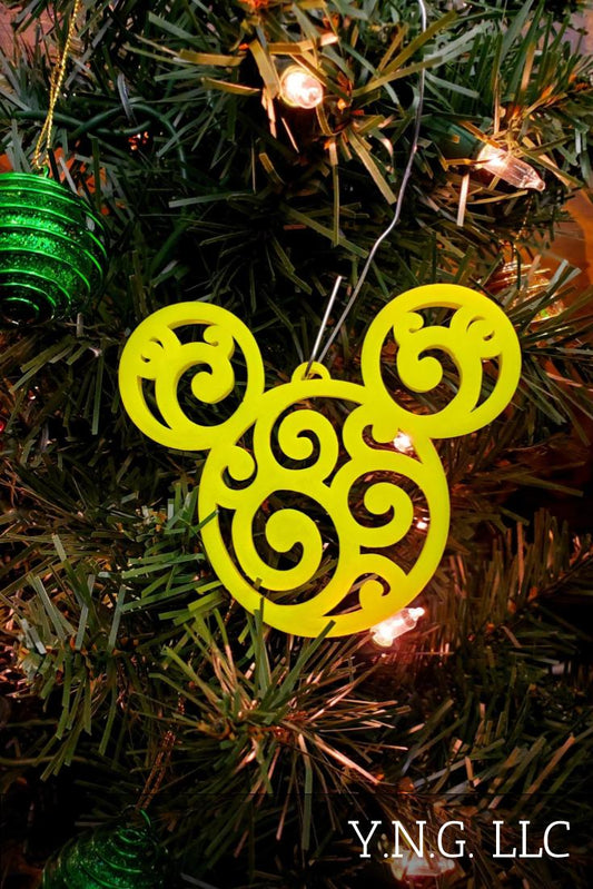 Mickey Head Swirl Design Christmas Ornaments Set Of 3 Yellow Made In USA PR1662